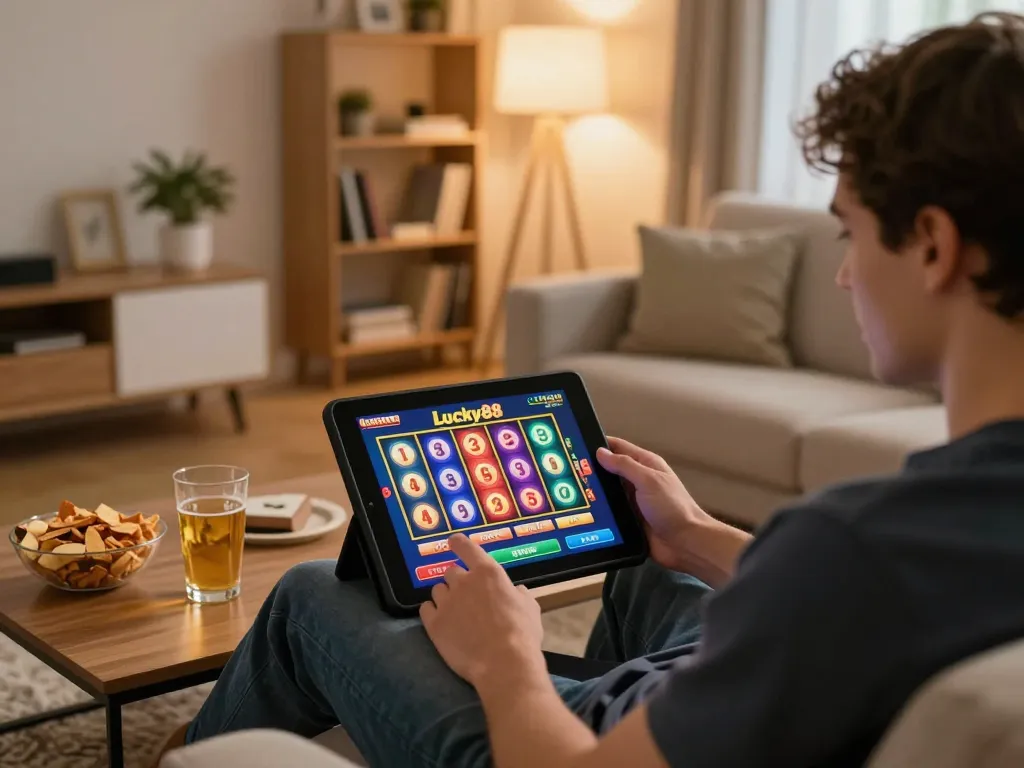 Experience exciting gameplay on Lucky88 slots in a cozy home environment with vibrant colors.