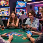 Diverse players engaging with games from https://bl555.productions/ in a vibrant online casino atmosphere with dynamic graphics and mobile devices.