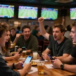 Sports bettors engaging in strategy discussion at TIP88, surrounded by screens showing live games.
