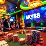 Exciting casino atmosphere featuring SKY88 logo amidst thrilling poker and roulette action.