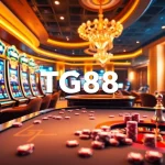Engaging scene showcasing TG88 đăng nhập with vibrant slot machines, roulette wheel, and poker chips in an online casino setting.