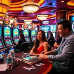 Engaging players experiencing Nổ Hũ excitement at luxurious casino slot machines.