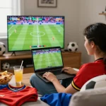 fan enjoying live football streaming on Luongsontv with snacks and memorabilia