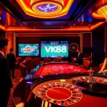 Experience the thrill of VK88 at a vibrant casino with poker tables and roulette wheels.