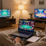 Experience online gaming excitement at https://ta88.nl/ with a live dealer interface on a cozy sofa while sipping coffee.