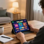 WALA88 player engaging in online gaming with tablet at home, emphasizing strategic betting.