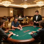 Poker room at vin88org.com showcasing high-stakes gameplay with elegant decor and professional dealers.