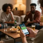 Friends placing bets on Lucky88 app during a cozy sports betting night.