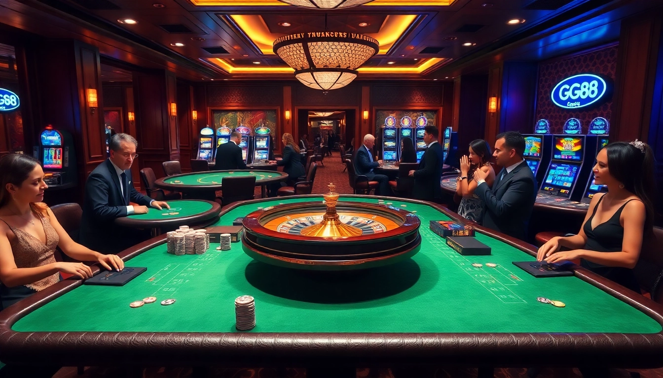 Experience GG88's exciting gaming atmosphere with vibrant casino tables and spinning roulette wheels.