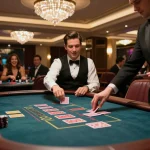 Engage with CODE VUA88 at an upscale blackjack table, placing bets in a luxurious casino setting.