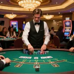 Engaged players at a DEBET blackjack table, showcasing high-stakes gameplay and strategic decisions.