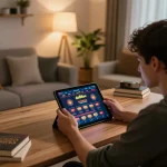 An engaged player explores da88au online casino experience on a tablet, cozy home setting.