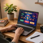 A person plays exciting go8 casino games on their laptop, creating a cozy home gaming atmosphere.