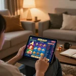 Engage with 888slot on a cozy home gaming setup, showcasing vibrant betting options and strategies