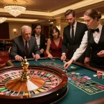 vu88 players placing bets at an upscale roulette table with a croupier spinning the wheel