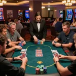 Players at a vb88 poker game strategizing their bets around a vibrant casino table