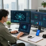 快连官网展示了一位网络安全专家在现代办公室环境中分析网络数据，强调在线隐私。