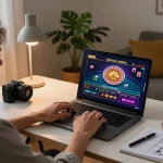 IWIN online gaming setup with a person playing roulette on a laptop, cozy home office atmosphere.