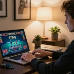 Player engaging in a live blackjack game on 678vip, showcasing strategic gameplay in a home office.