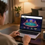 Engaged player accessing 789win's live dealer games from a cozy home setup.