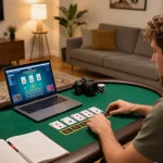 Player enjoying FABET online blackjack at home, showcasing strategy notes and gaming atmosphere