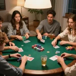 Engaging poker game at home night featuring friends playing together at the table, showcasing the fun of Trang Chủ V9BET.