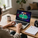 Playing the 33WIN poker app from home, engaging in a strategic online gaming session.