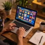 Player enjoying an engaging slot game session on 92slot com laptop, showcasing thrilling gambling excitement.