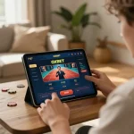 Player engaging with OXBET on a tablet in a stylish home gaming setup, showcasing immersive online casino experience.