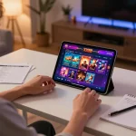 Player engaging in live casino games at XX88 from their home, showcasing a vibrant gaming atmosphere