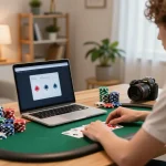 SKY88 player engaged in an online poker game at home, showcasing strategic gameplay with colorful chips.