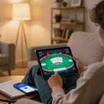 Engaging in online poker with fc88k app in a cozy living room, showcasing strategic gaming.