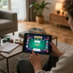 A person enjoying a QQ88 online betting experience on their tablet in a cozy living room.