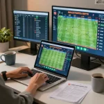 Engaging sports betting scene featuring real-time ty le keo nha cai odds displayed on laptop, showcasing strategic gameplay.