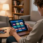 Engaged player using Sunwin casino app on a tablet in a home gaming setup with strategy books nearby.