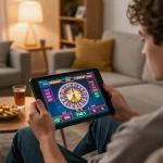 BCX88 player engaging with live roulette on tablet in a cozy home setting, highlighting online gaming excitement.