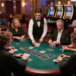 SIN88 players engaged in a high-stakes blackjack game with chips and cards on the table, creating a lively casino atmosphere.