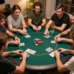 Engaged players strategizing during a lively poker game at home, showcasing bj88bj gaming atmosphere.