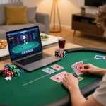 Online poker player enjoying games on 9bet platform in a cozy home environment, with cards and poker chips visible.