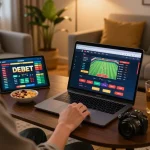 Engaging user placing bets on the DEBET online casino platform at a cozy home gaming setup.