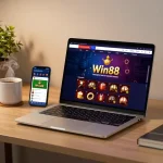 Play games on Win88 with a cozy online setup showcasing a laptop and smartphone.
