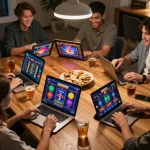 sunwin players enjoying online gaming experience together, vibrant screens and snacks