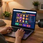 Engaging player enjoying KP88 casino online gaming experience at home with vibrant visuals