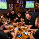Friends enjoying an exciting sports betting experience at a local bar, examining debet odds on their phones, lively atmosphere.