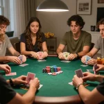 HELLO88 players enjoying a thrilling home poker game night, engaging in Texas Hold'em strategy with stacked chips.