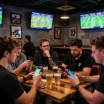Soi kèo nhà cái actions during live sports betting at a vibrant sports bar