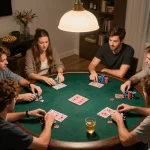 Friends playing poker at home with dn88 chips and cards on the table, creating a lively atmosphere