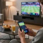 Betting on FUN88 with live odds on smartphone in a cozy home setup, enhancing sports viewing experience