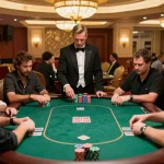 A player strategizing their bet at the poker table in the luxury casino, lucky88st highlights thrilling gameplay.