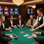 Players engage in a high-stakes blackjack game at an elite casino, showcasing S666 strategic moves and anticipation.